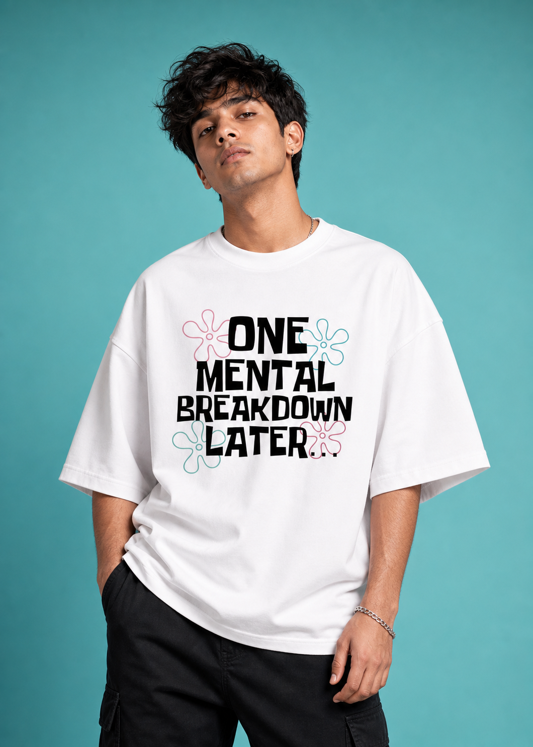 One Mental Breakdown Later Unisex Oversized Tee in white - male model