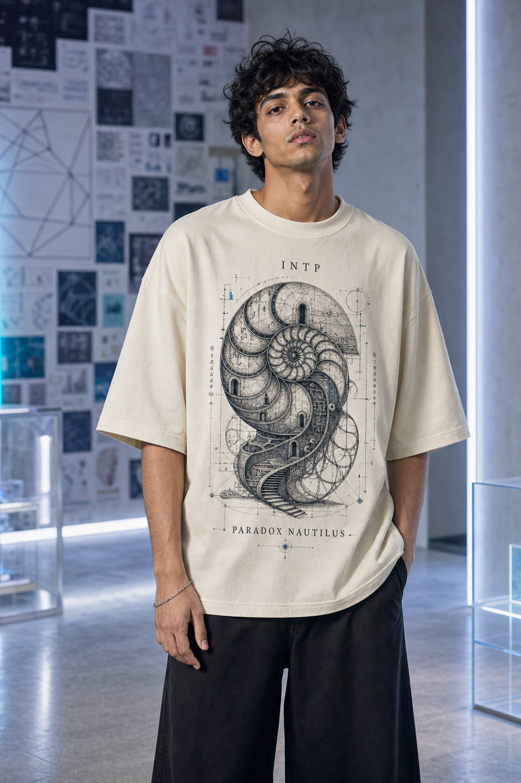 INTP Paradox Nautilus main front view in Off White - oversized 240 GSM French Terry t-shirt