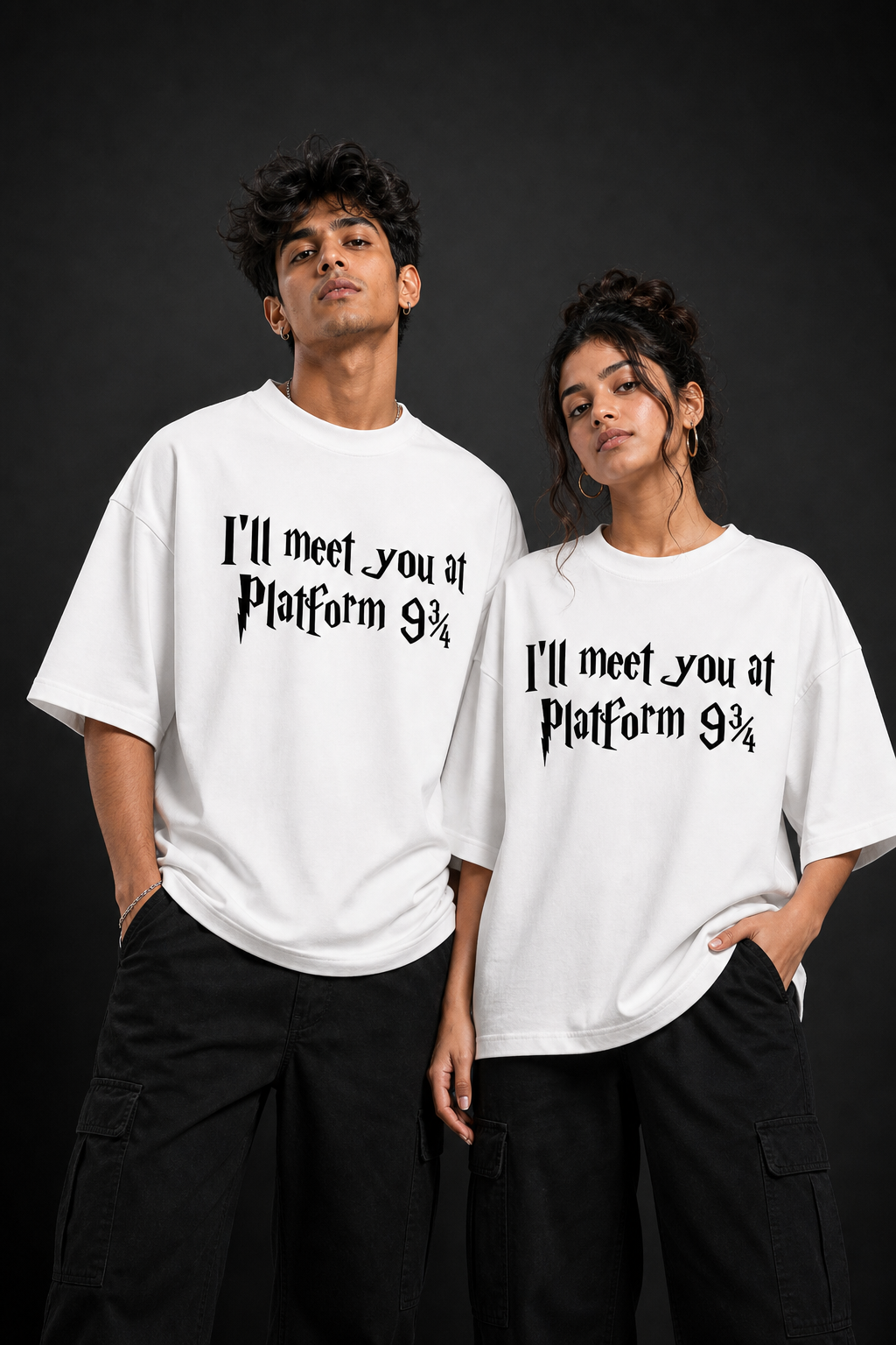 Platform Nine Three Quarters Unisex Oversized Tee in white - couple