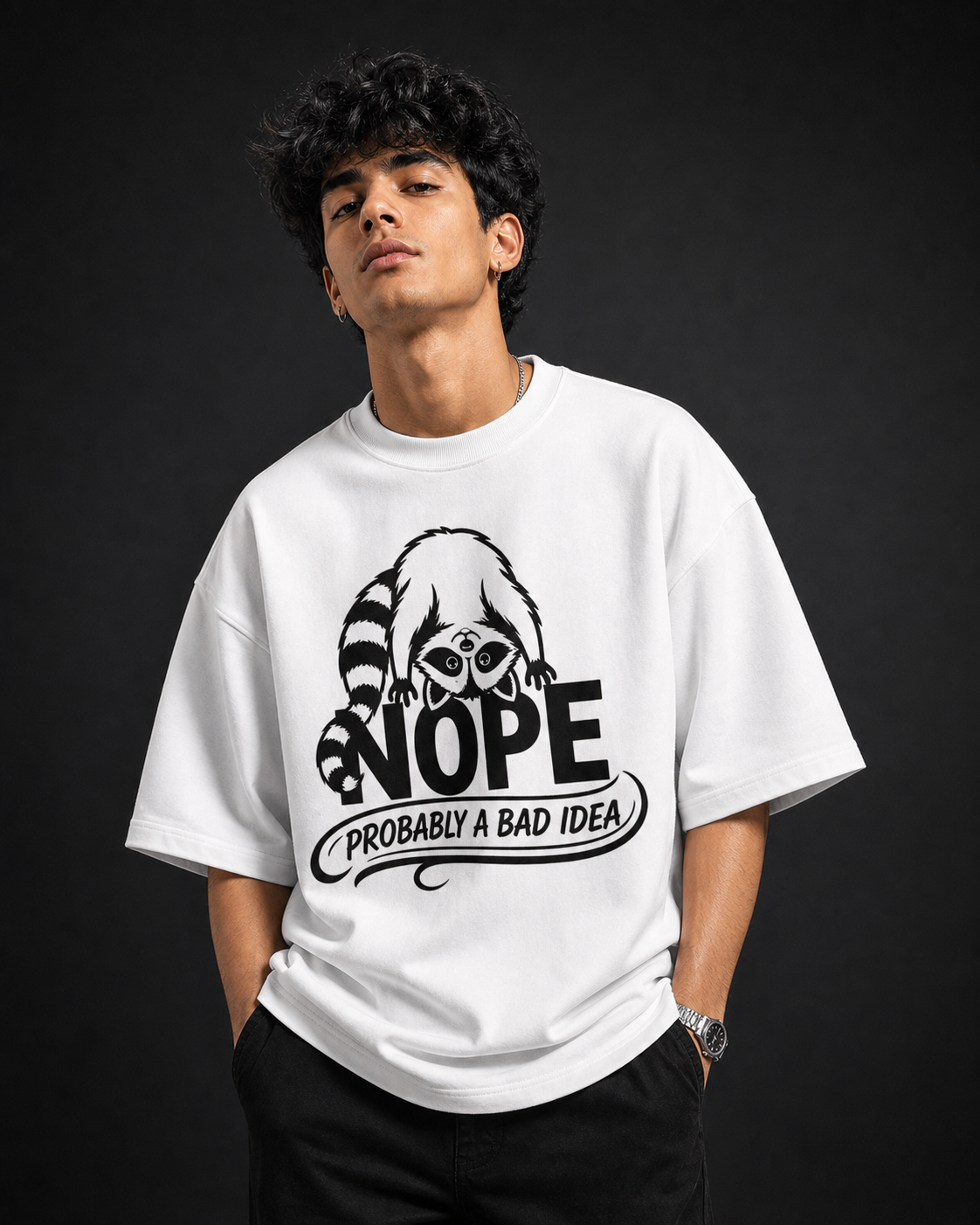 Nope Probably A Bad Idea Unisex Oversized Tee in white - male model
