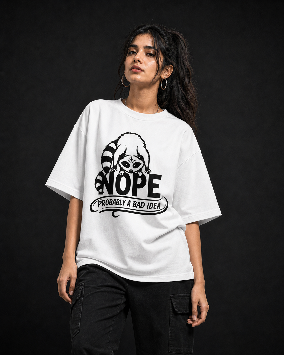 Nope Probably A Bad Idea Unisex Oversized Tee in white - female model