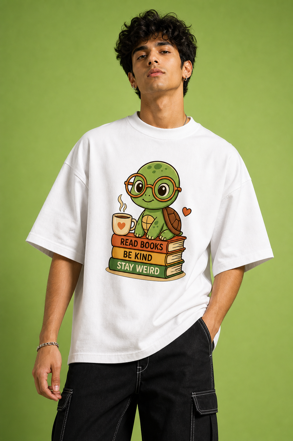 Read Books Be Kind Stay Weird Unisex Oversized Tee in white - male model