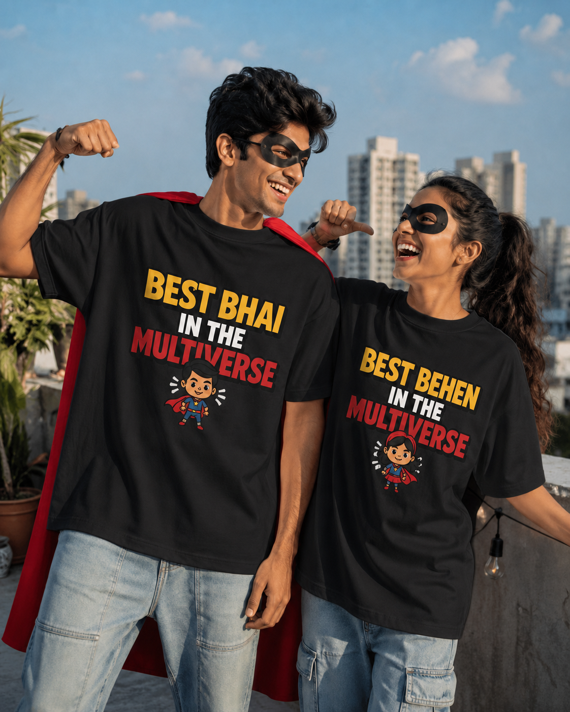 Best Bhai / Behen in the Multiverse Personalised Unisex T-Shirt - Oversized - Black & White - featured view