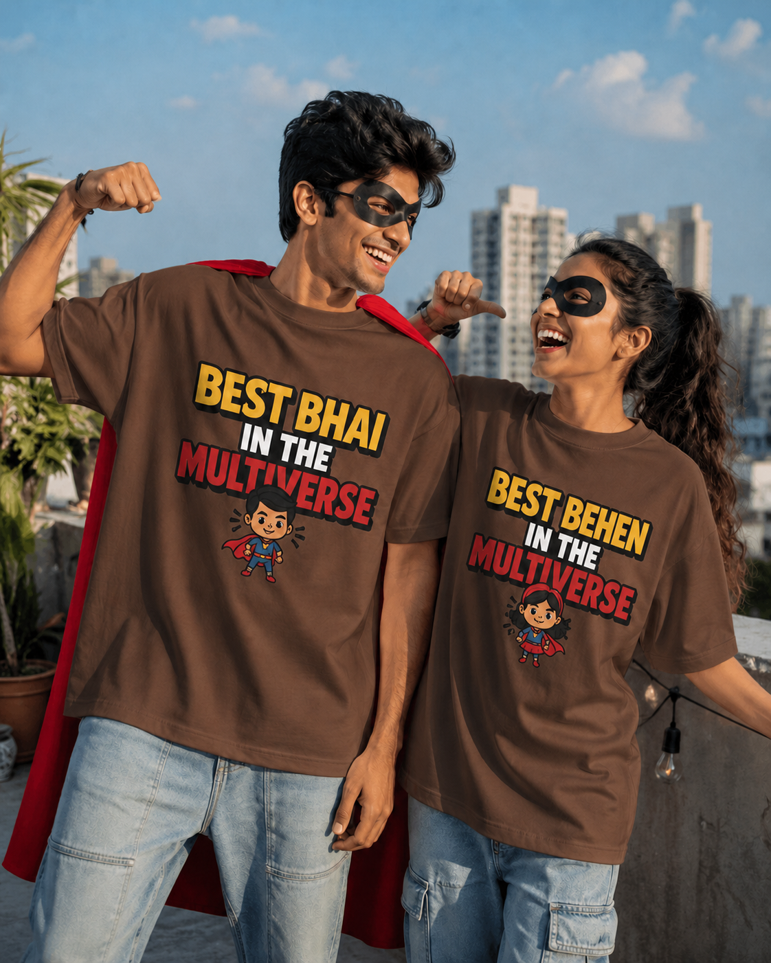 Best Bhai / Behen in the Multiverse Personalised Unisex T-Shirt - Oversized - Coffee Brown & White - product gallery