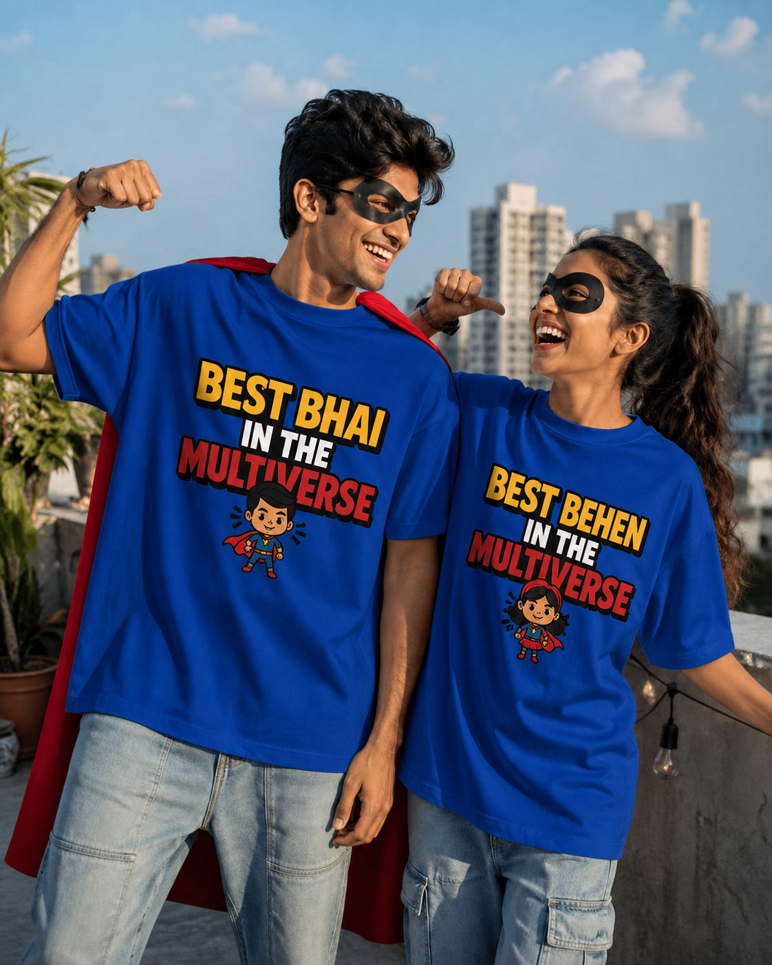 Best Bhai / Behen in the Multiverse Personalised Unisex T-Shirt - Oversized - Royal Blue & White & Blue - product gallery