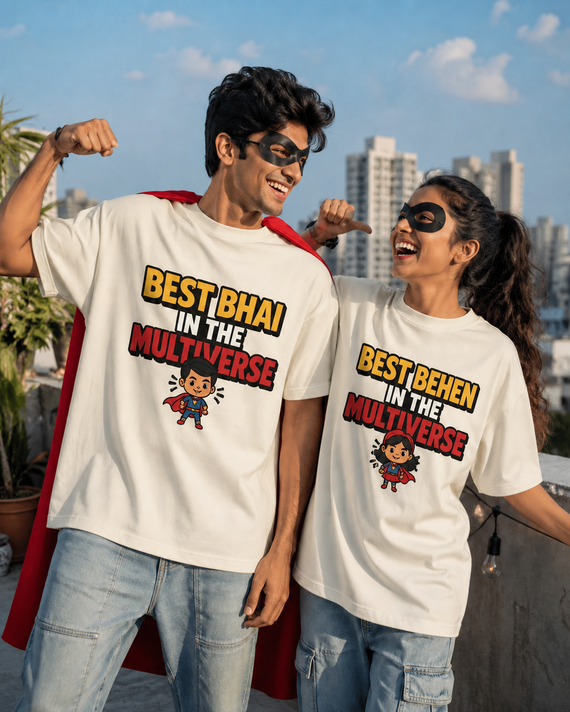 Best Bhai / Behen in the Multiverse Personalised Unisex T-Shirt - Oversized - Off White & White - product gallery