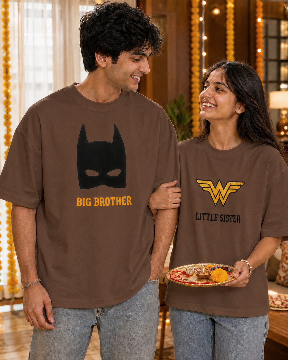 Batman / Wonder Woman Super Sibling Personalised Unisex T-Shirt - Oversized - Coffee Brown - product gallery