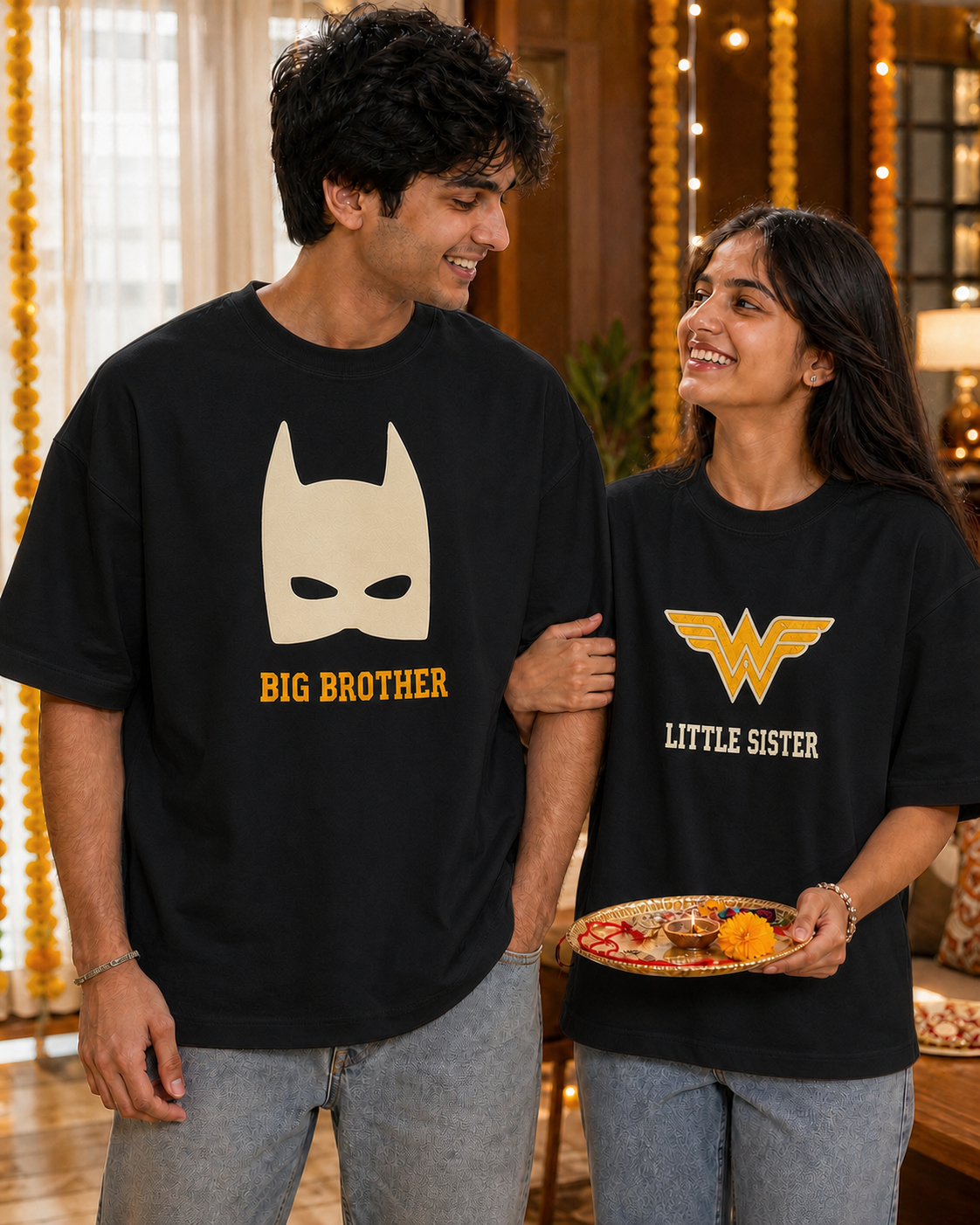 Batman / Wonder Woman Super Sibling Personalised Unisex T-Shirt - Oversized - Black - product gallery