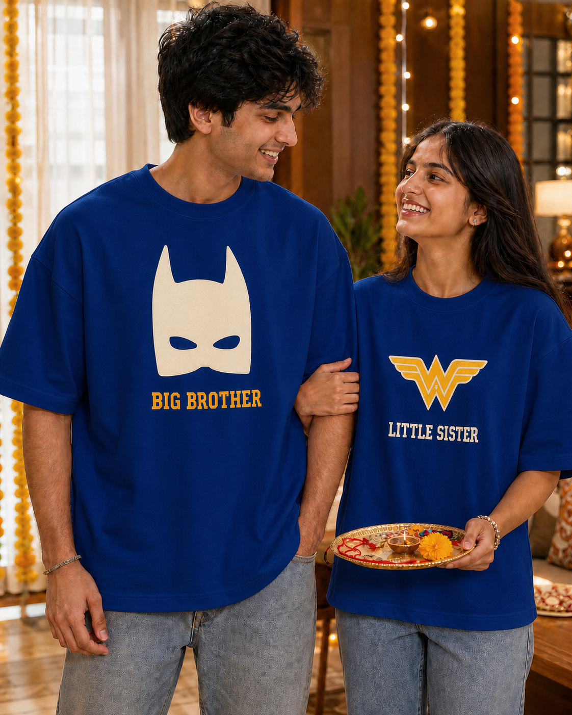 Batman / Wonder Woman Super Sibling Personalised Unisex T-Shirt - Oversized - Royal Blue & Blue - product gallery