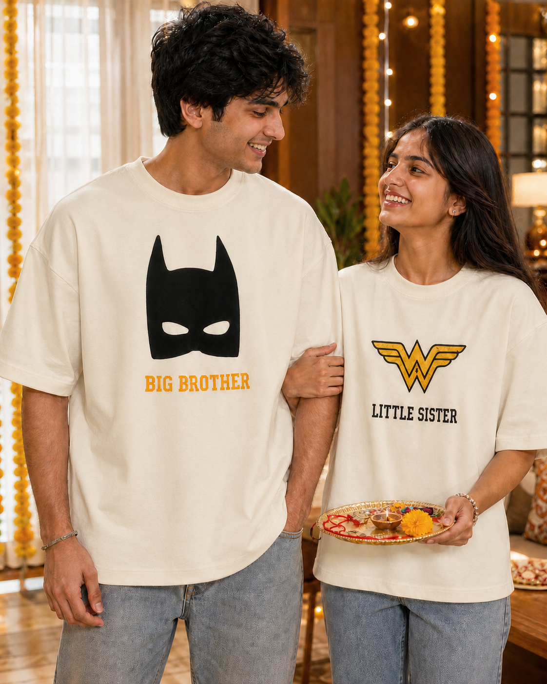 Batman / Wonder Woman Super Sibling Personalised Unisex T-Shirt - Oversized - Off White & White - product gallery