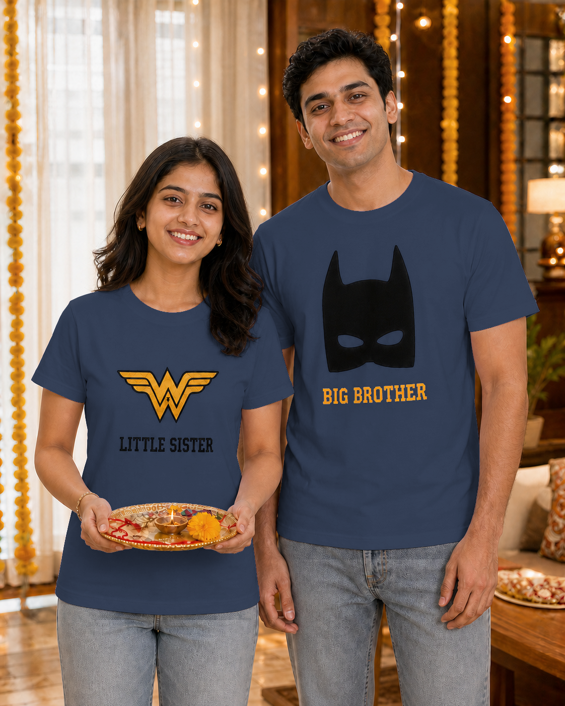 Batman / Wonder Woman Super Sibling Personalised Unisex T-Shirt - Regular Fit - Navy Blue & Blue - product gallery