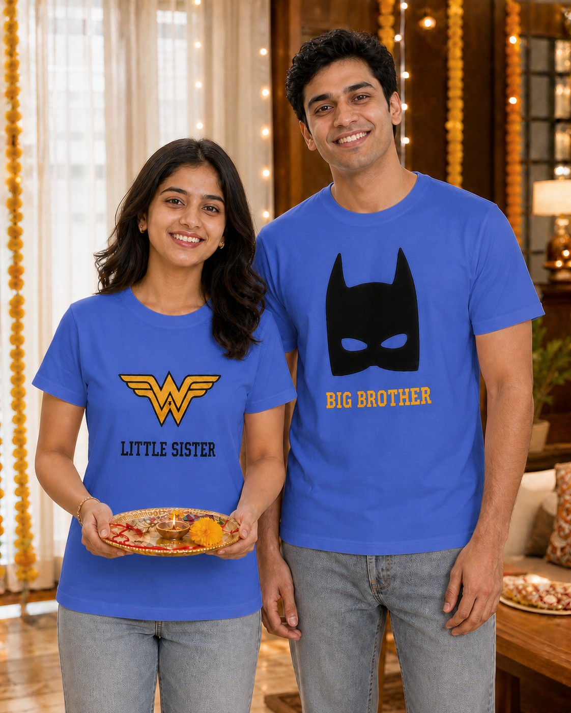 Batman / Wonder Woman Super Sibling Personalised Unisex T-Shirt - Regular Fit - Royal Blue & Blue - product gallery