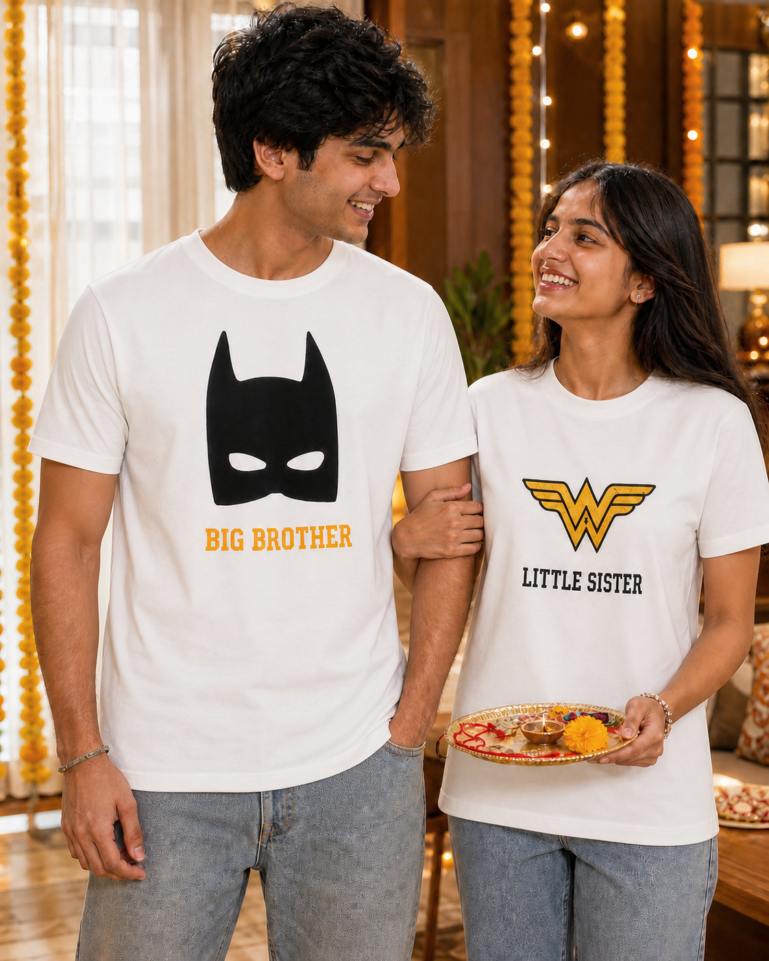 Batman / Wonder Woman Super Sibling Personalised Unisex T-Shirt - Regular Fit - White - product gallery