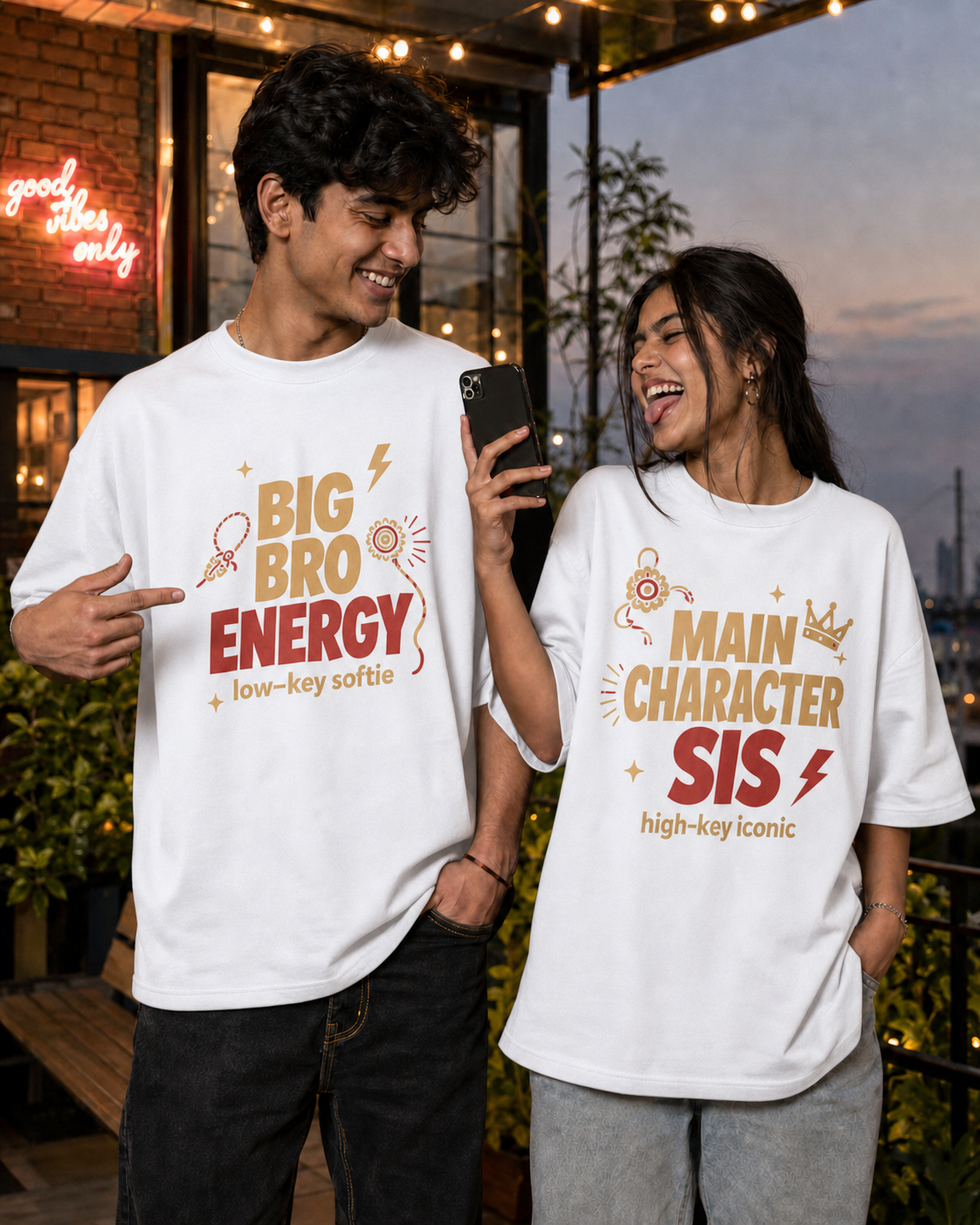 Bro Energy / Main Character Sis Personalised Unisex T-Shirt - Oversized - White & Black - product gallery