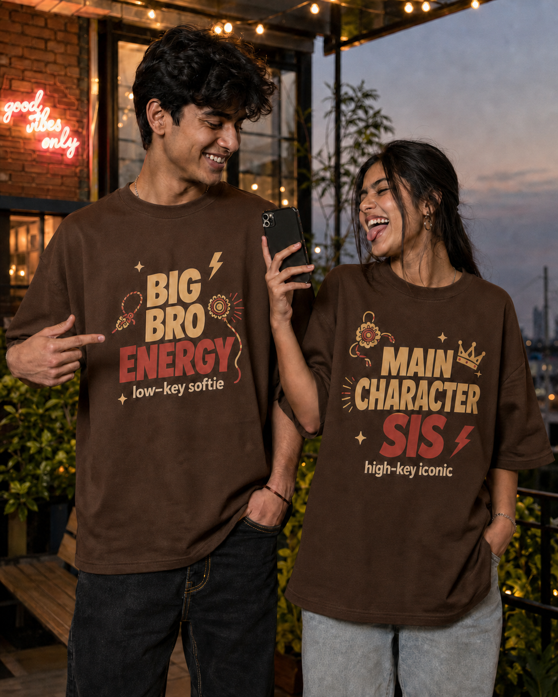 Bro Energy / Main Character Sis Personalised Unisex T-Shirt - Oversized - Coffee Brown & Black - product gallery