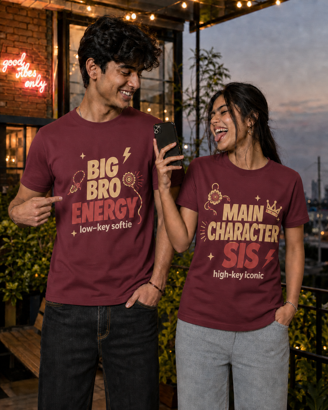 Bro Energy / Main Character Sis Personalised Unisex T-Shirt - Regular Fit - Maroon - product gallery