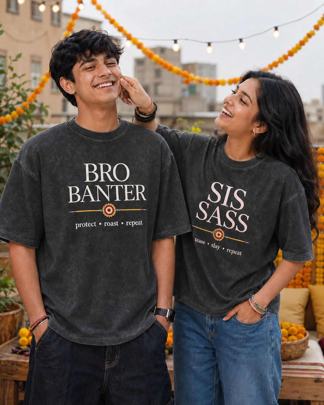 Bro Banter / Sis Sass Personalised Unisex T-Shirt - Oversized - Charcoal Acid Washed - product gallery