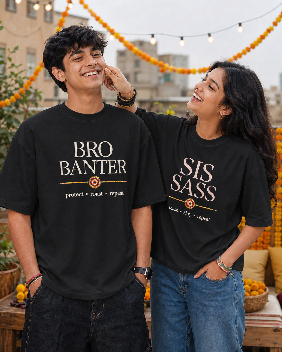 Bro Banter / Sis Sass Personalised Unisex T-Shirt - Oversized - Black - product gallery