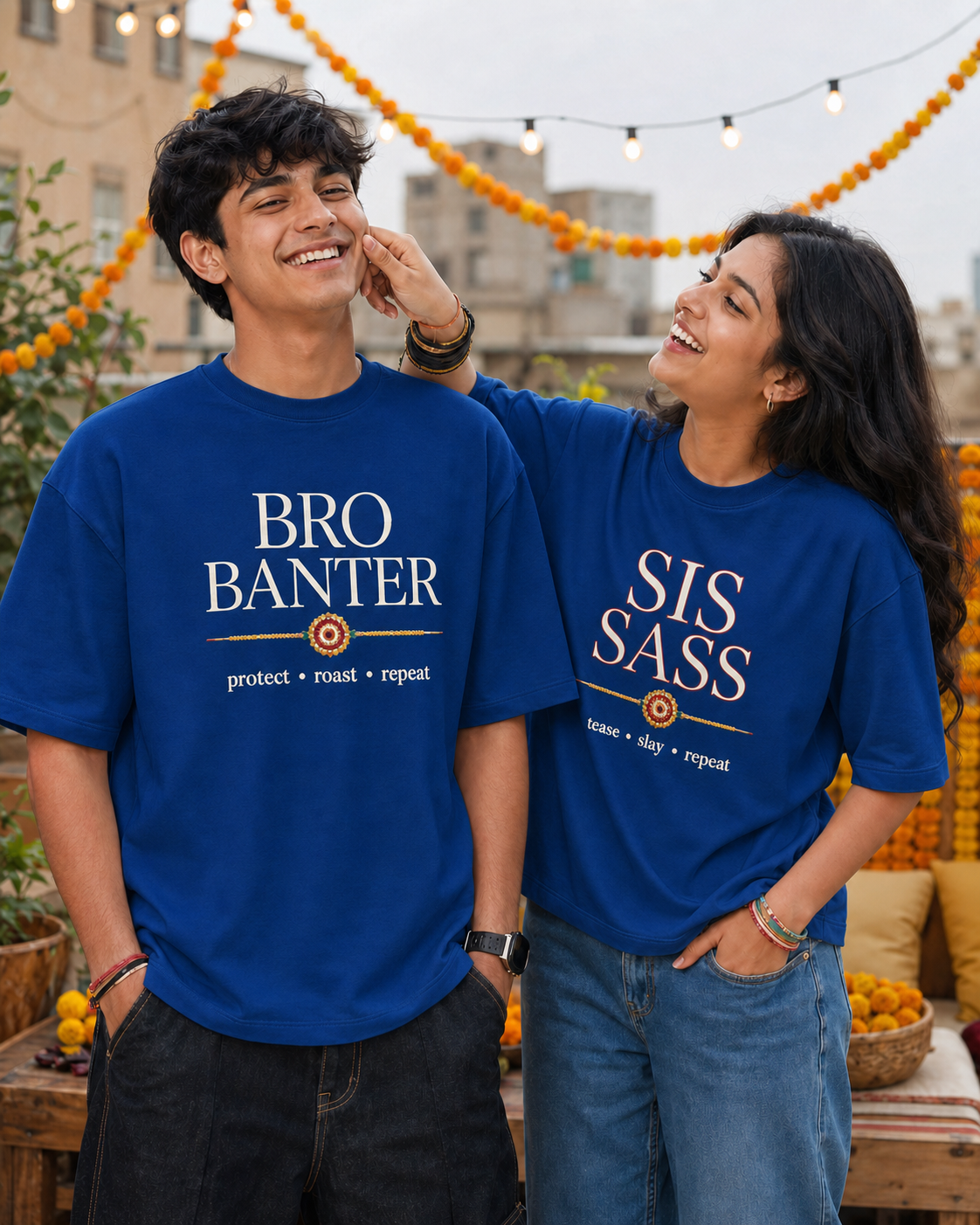 Bro Banter / Sis Sass Personalised Unisex T-Shirt - Oversized - Royal Blue & Blue - product gallery