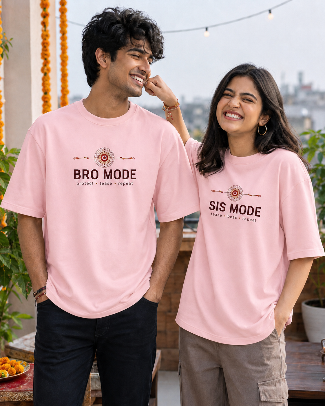 Bro Mode / Sis Mode Personalised Unisex T-Shirt - Oversized - Baby Pink - featured view