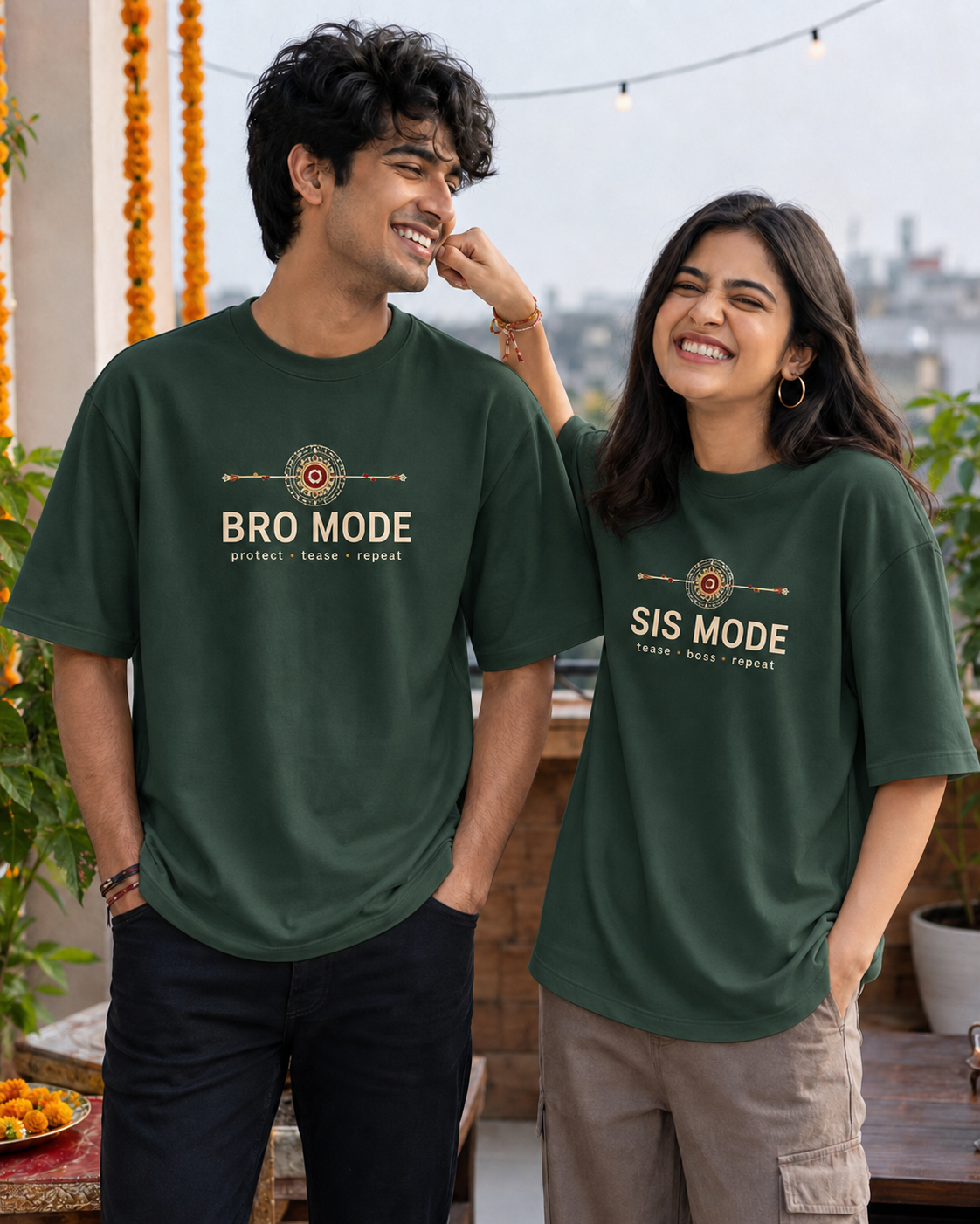 Bro Mode / Sis Mode Personalised Unisex T-Shirt - Oversized - Bottle Green - product gallery