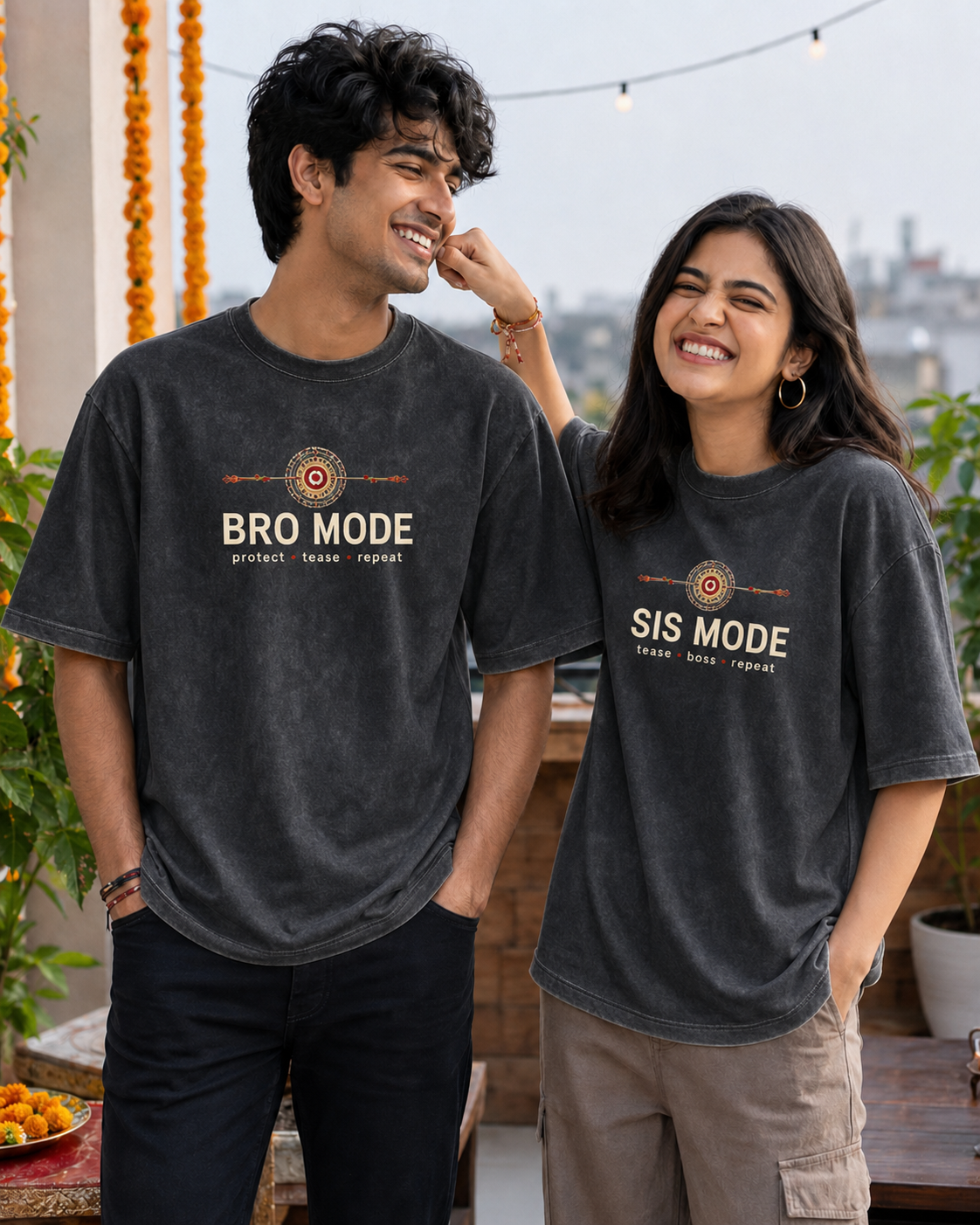 Bro Mode / Sis Mode Personalised Unisex T-Shirt - Oversized - Charcoal Acid Washed - product gallery