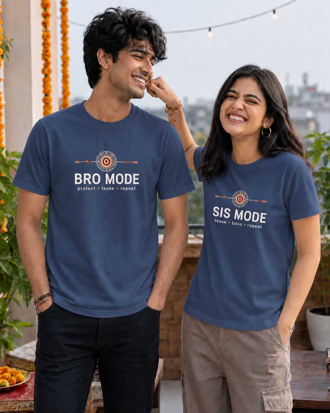 Bro Mode / Sis Mode Personalised Unisex T-Shirt - Regular Fit - Navy Blue & Blue - product gallery