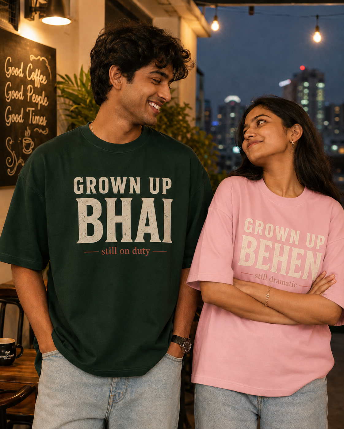Grown Up Bhai / Grown Up Behen Personalised Unisex T-Shirt - Oversized - Baby Pink & Bottle Green - sibling pair