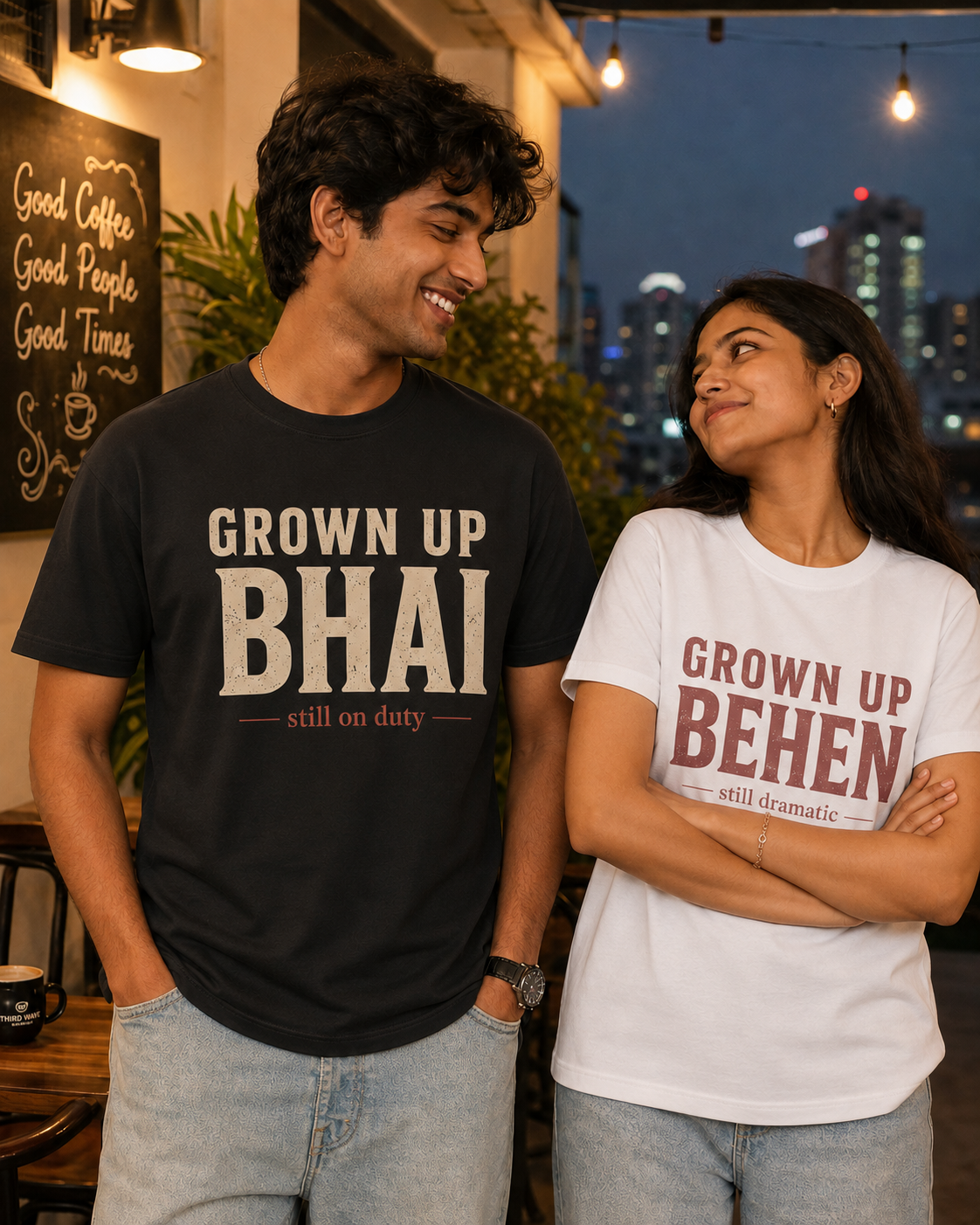 Grown Up Bhai / Grown Up Behen Personalised Unisex T-Shirt - Regular Fit - White & Black - sibling pair
