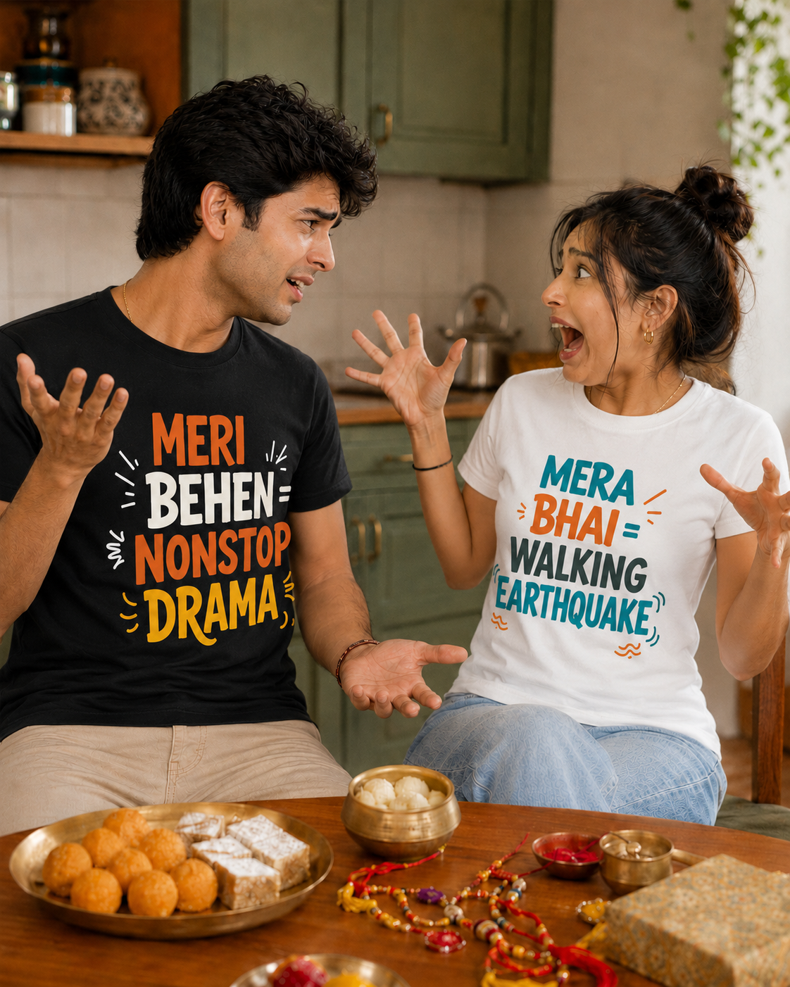 Mera Bhai Walking Earthquake / Meri Behen Nonstop Drama Personalised Unisex T-Shirt - Regular Fit - White & Black - sibling pair