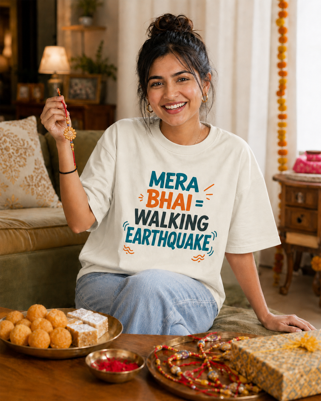 Mera Bhai Walking Earthquake / Meri Behen Nonstop Drama Personalised Unisex T-Shirt - Oversized - product gallery