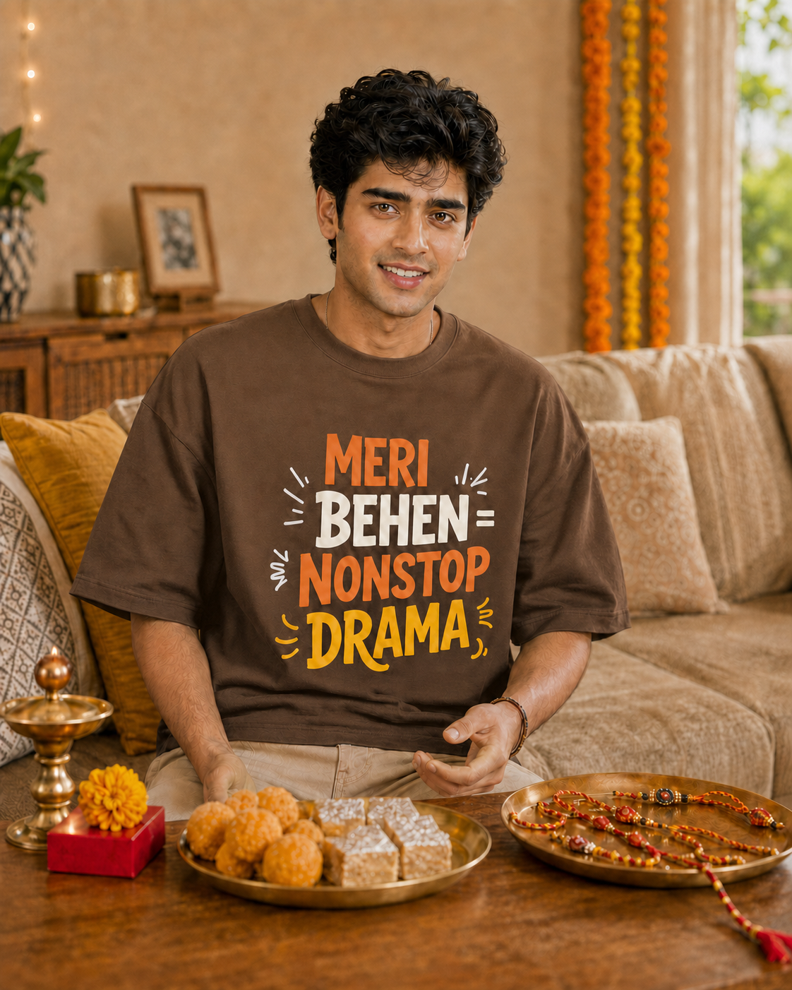 Mera Bhai Walking Earthquake / Meri Behen Nonstop Drama Personalised Unisex T-Shirt - Oversized - product gallery