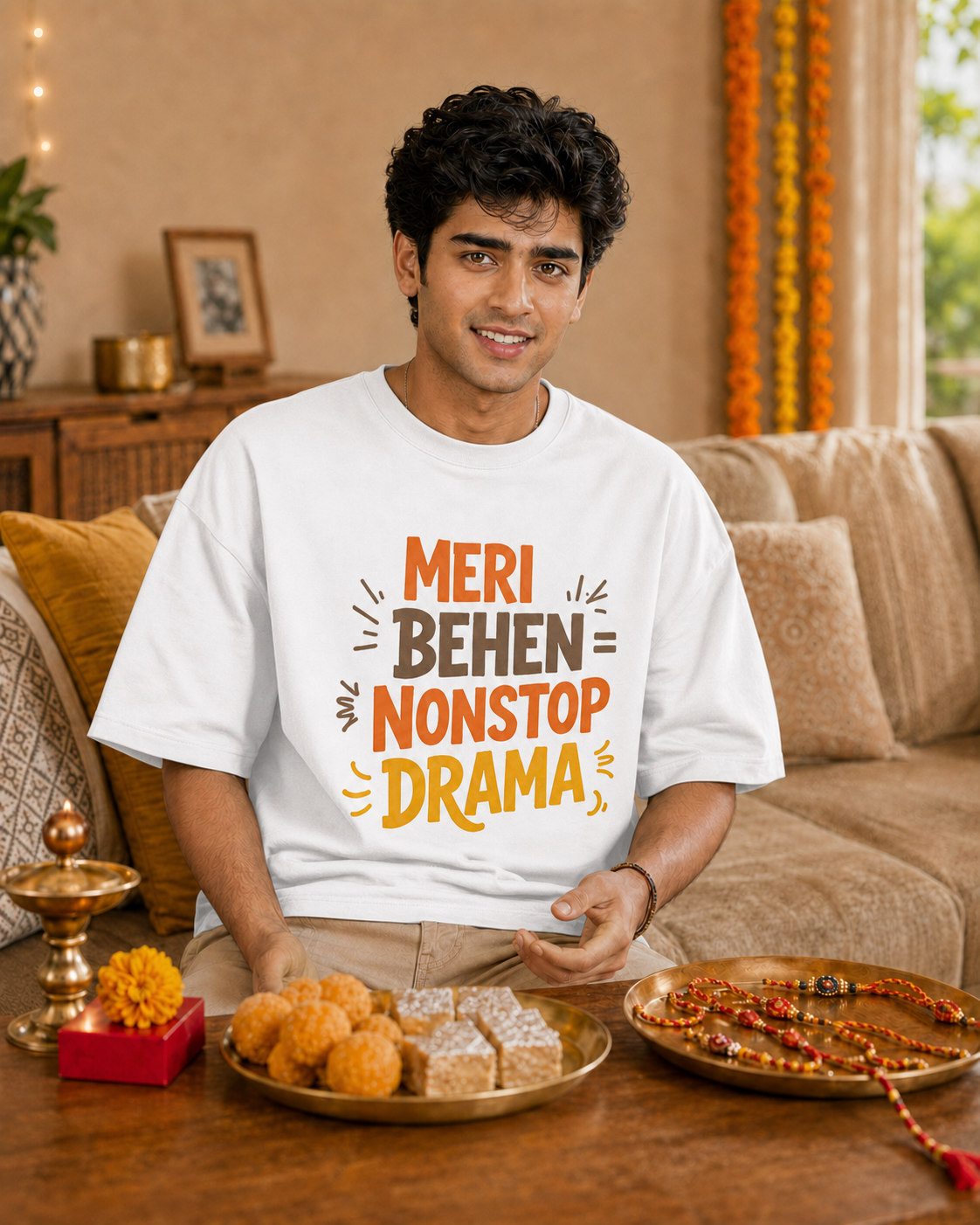 Mera Bhai Walking Earthquake / Meri Behen Nonstop Drama Personalised Unisex T-Shirt - Oversized - product gallery