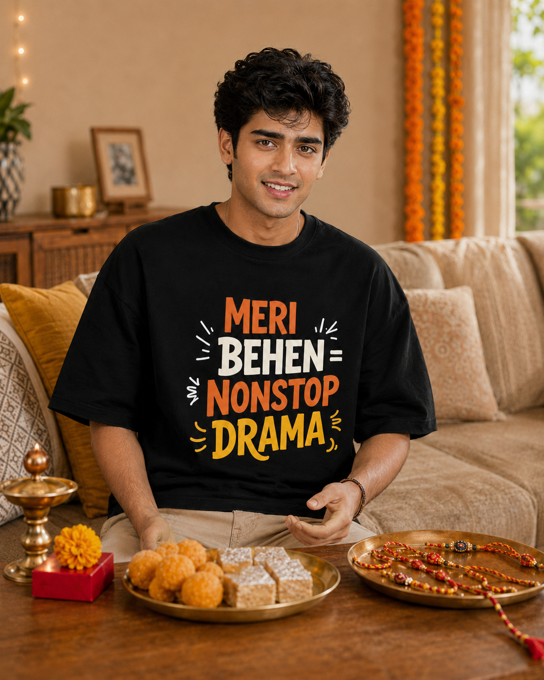 Mera Bhai Walking Earthquake / Meri Behen Nonstop Drama Personalised Unisex T-Shirt - Oversized - product gallery