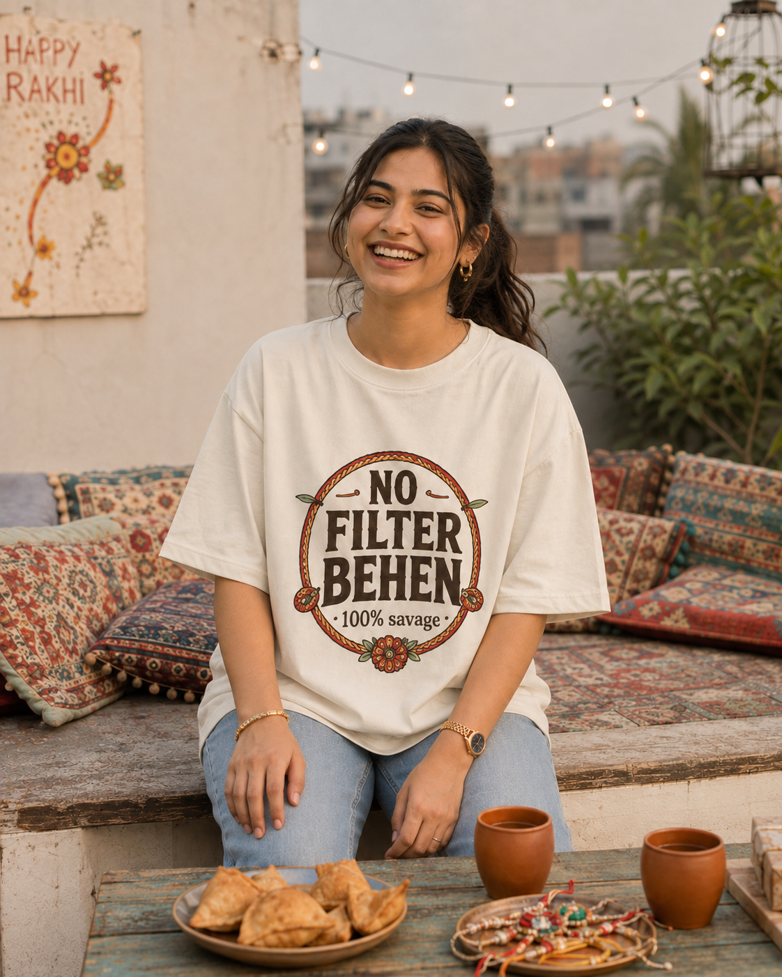 No Filter Bhai / Behen Personalised Unisex T-Shirt - Oversized - Off White & White - product gallery