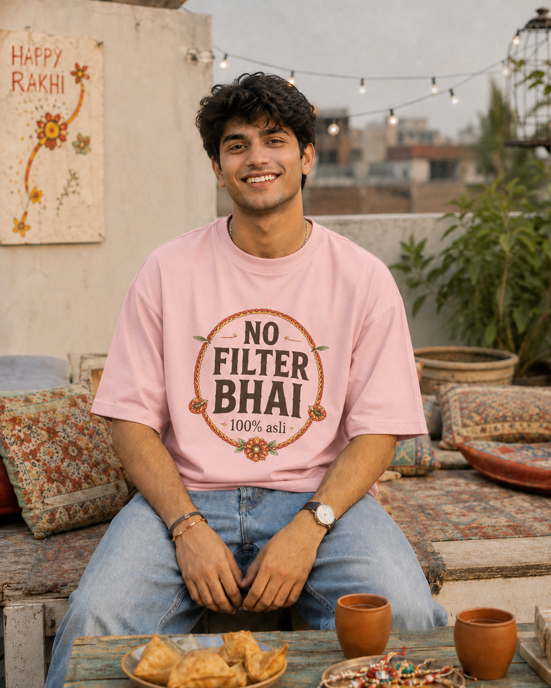 No Filter Bhai / Behen Personalised Unisex T-Shirt - Oversized - Baby Pink & Coffee Brown - product gallery