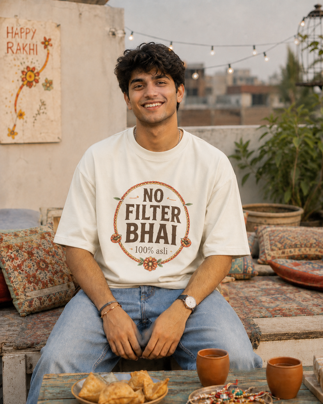No Filter Bhai / Behen Personalised Unisex T-Shirt - Oversized - Coffee Brown & Off White & White - product gallery