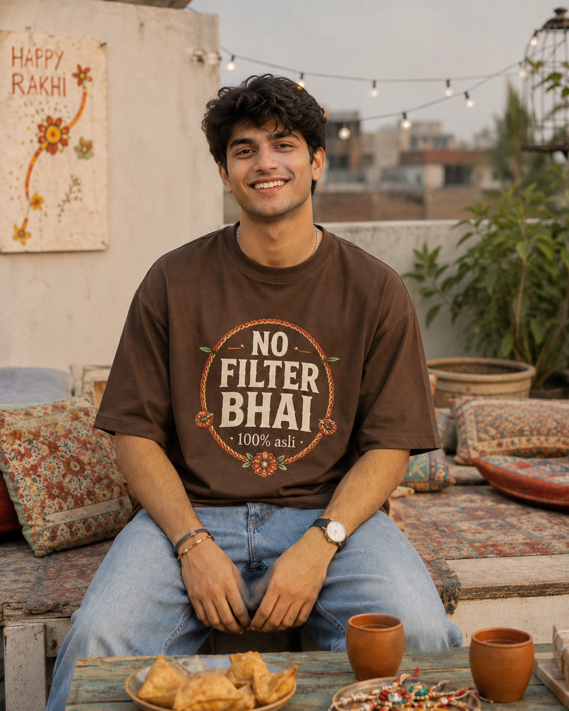 No Filter Bhai / Behen Personalised Unisex T-Shirt - Oversized - Coffee Brown - product gallery