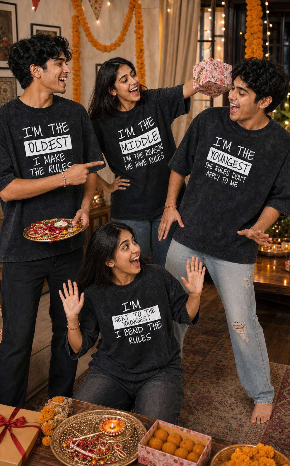 Oldest / Middle / Youngest Sibling Personalised Unisex T-Shirt - Oversized - Charcoal Acid Washed - product gallery