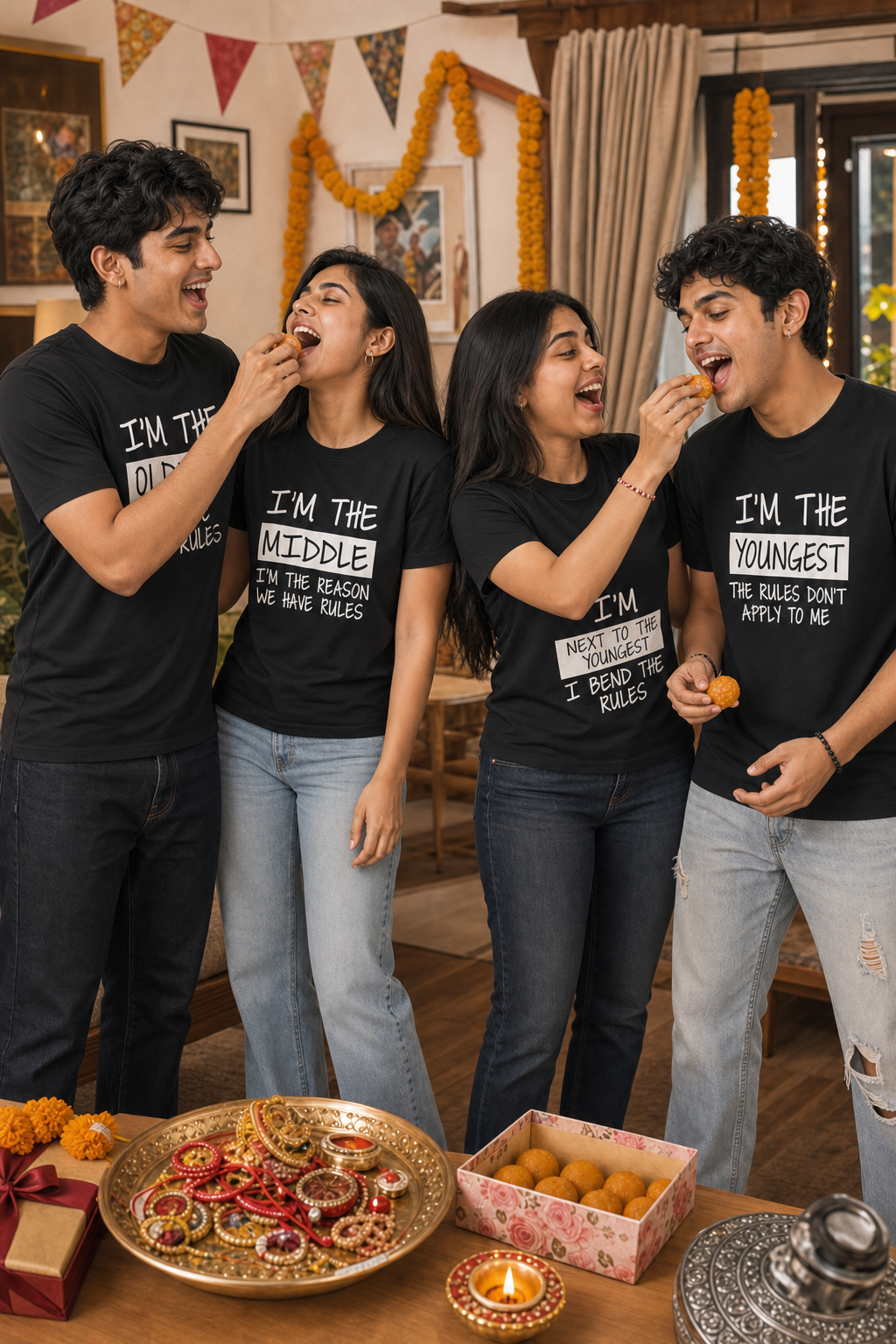 Oldest / Middle / Youngest Sibling Personalised Unisex T-Shirt - Regular Fit - Black - product gallery