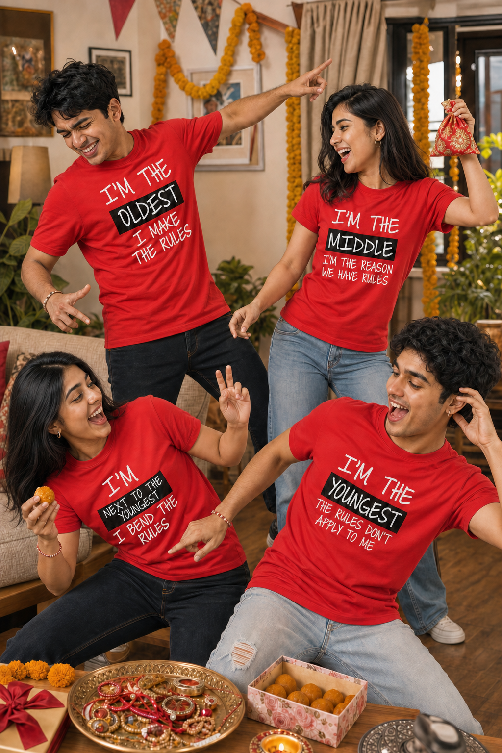 Oldest / Middle / Youngest Sibling Personalised Unisex T-Shirt - Regular Fit - Red - product gallery