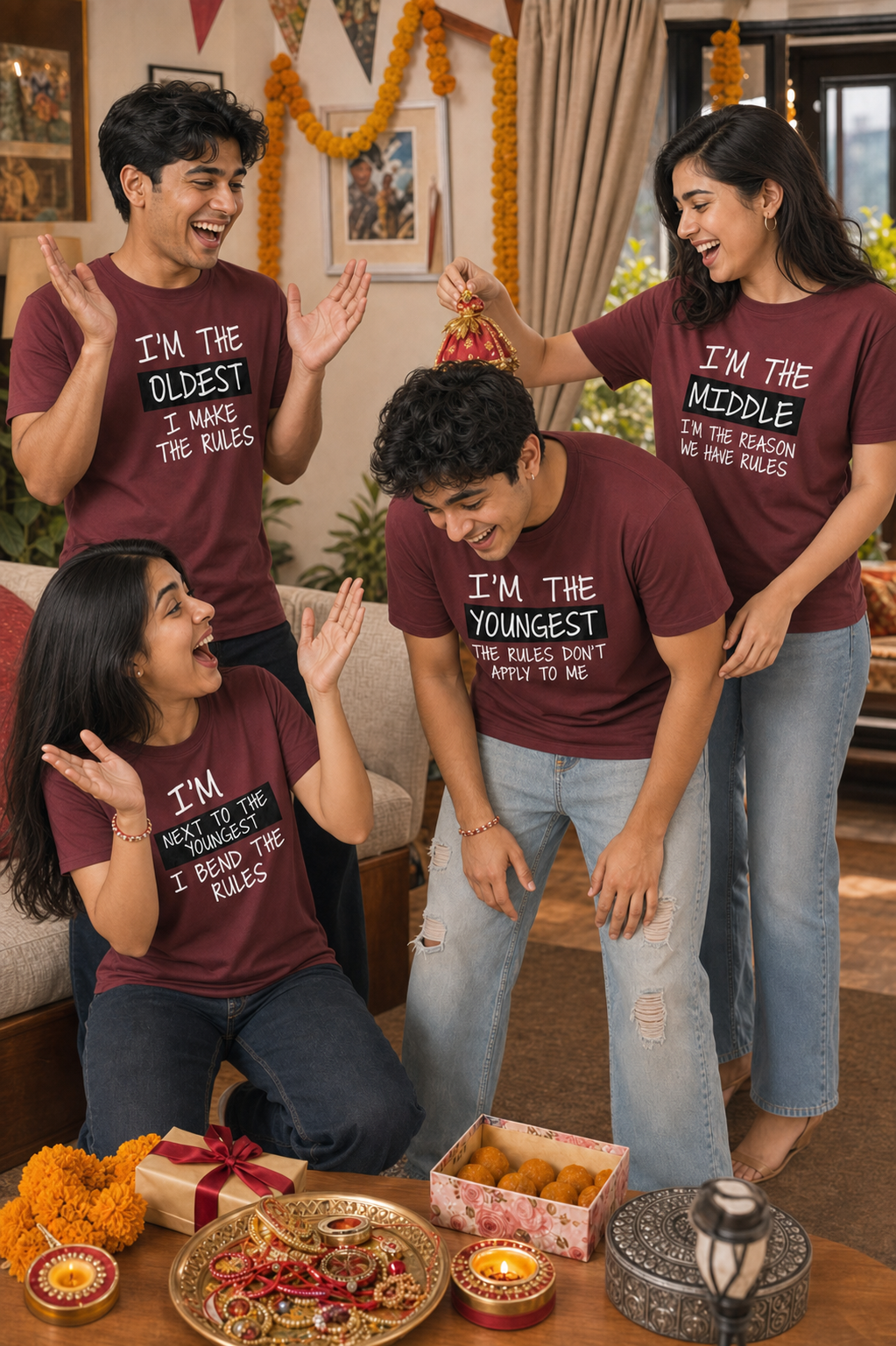 Oldest / Middle / Youngest Sibling Personalised Unisex T-Shirt - Regular Fit - Maroon - product gallery