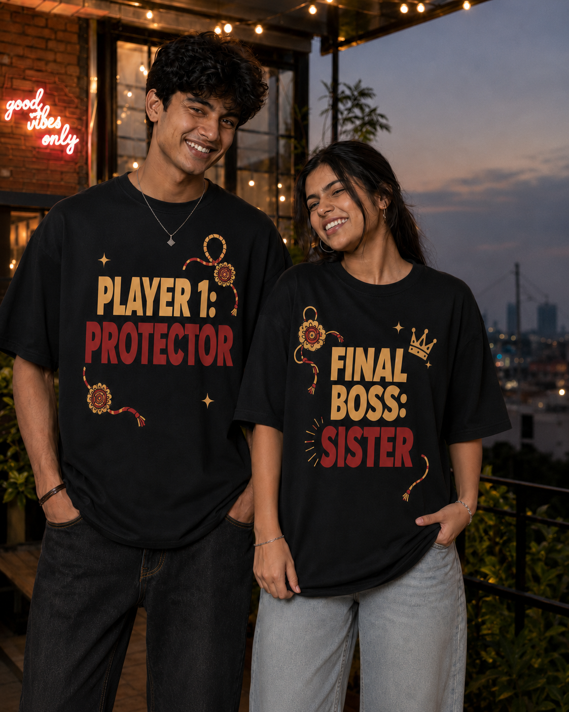 Player: Protector / Final Boss: Sister Personalised Unisex T-Shirt - Oversized - Black - product gallery
