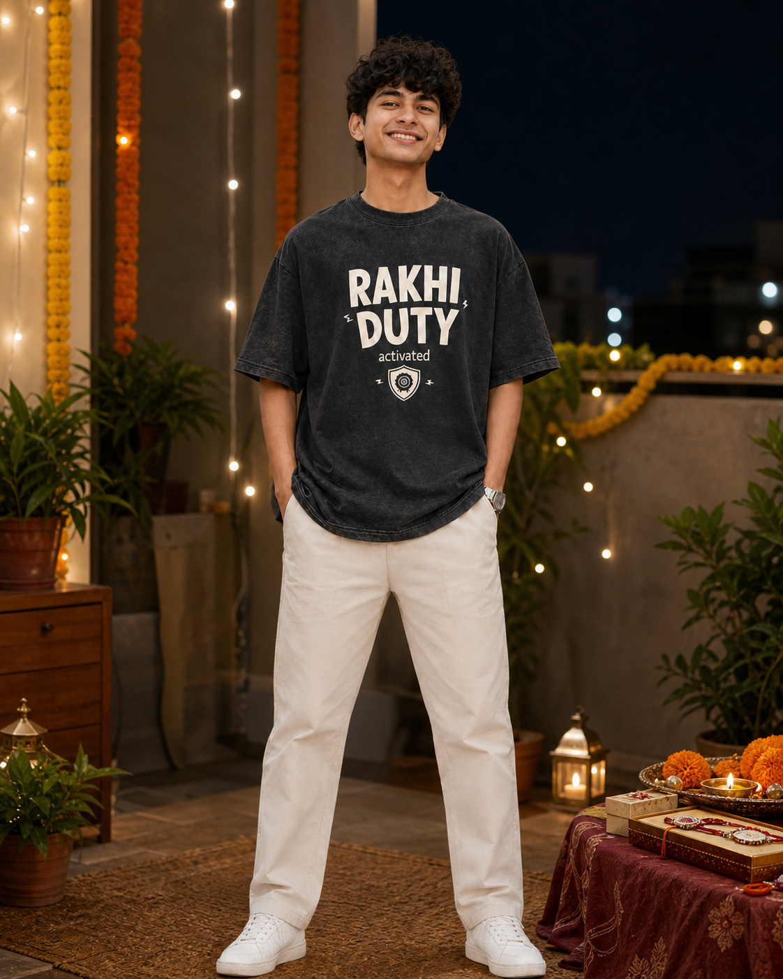 Rakhi Duty / Chaos Duty Personalised Unisex T-Shirt - Oversized - Charcoal Acid Washed & Royal Blue & Blue - product gallery