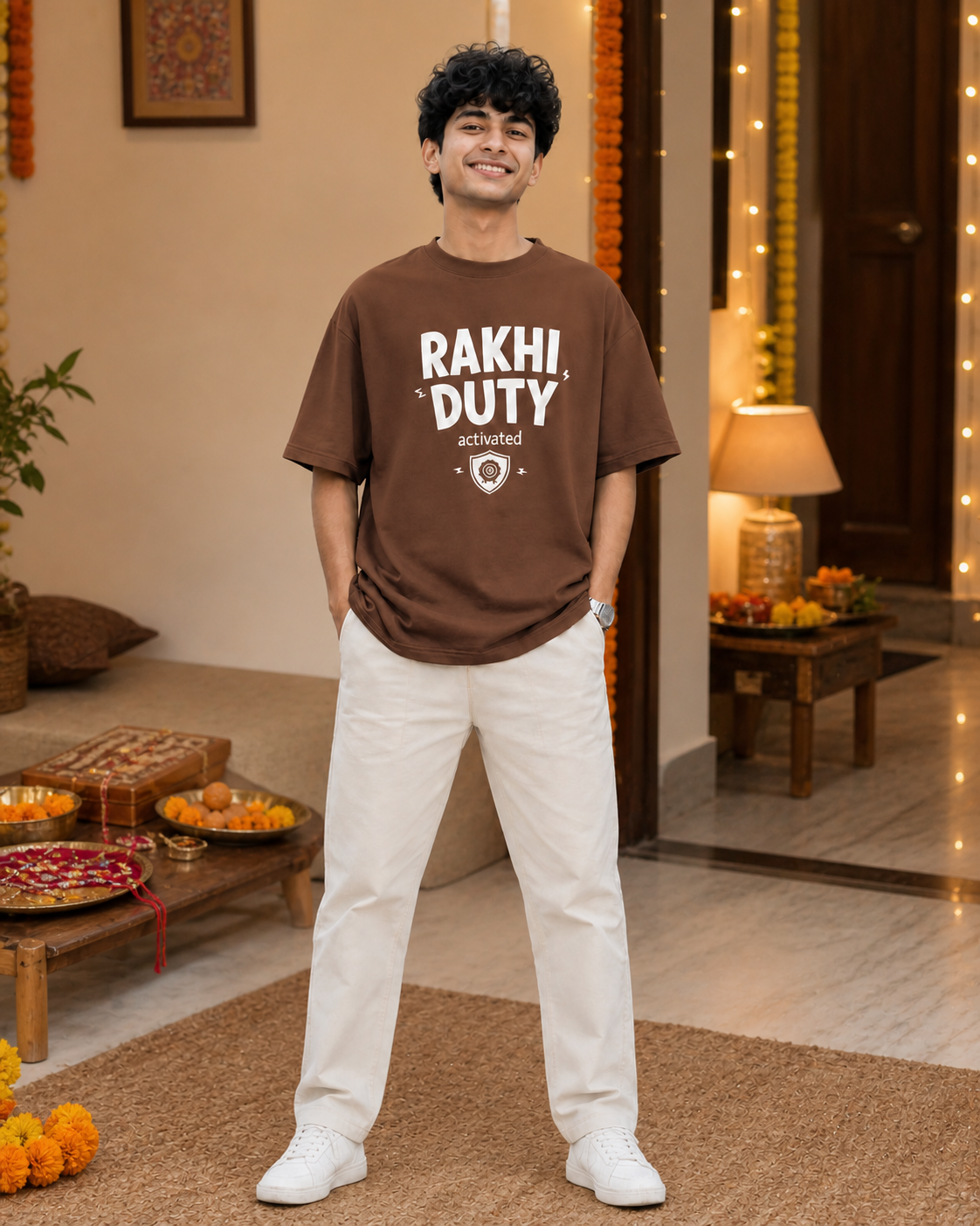 Rakhi Duty / Chaos Duty Personalised Unisex T-Shirt - Oversized - Coffee Brown & Royal Blue & Blue - product gallery