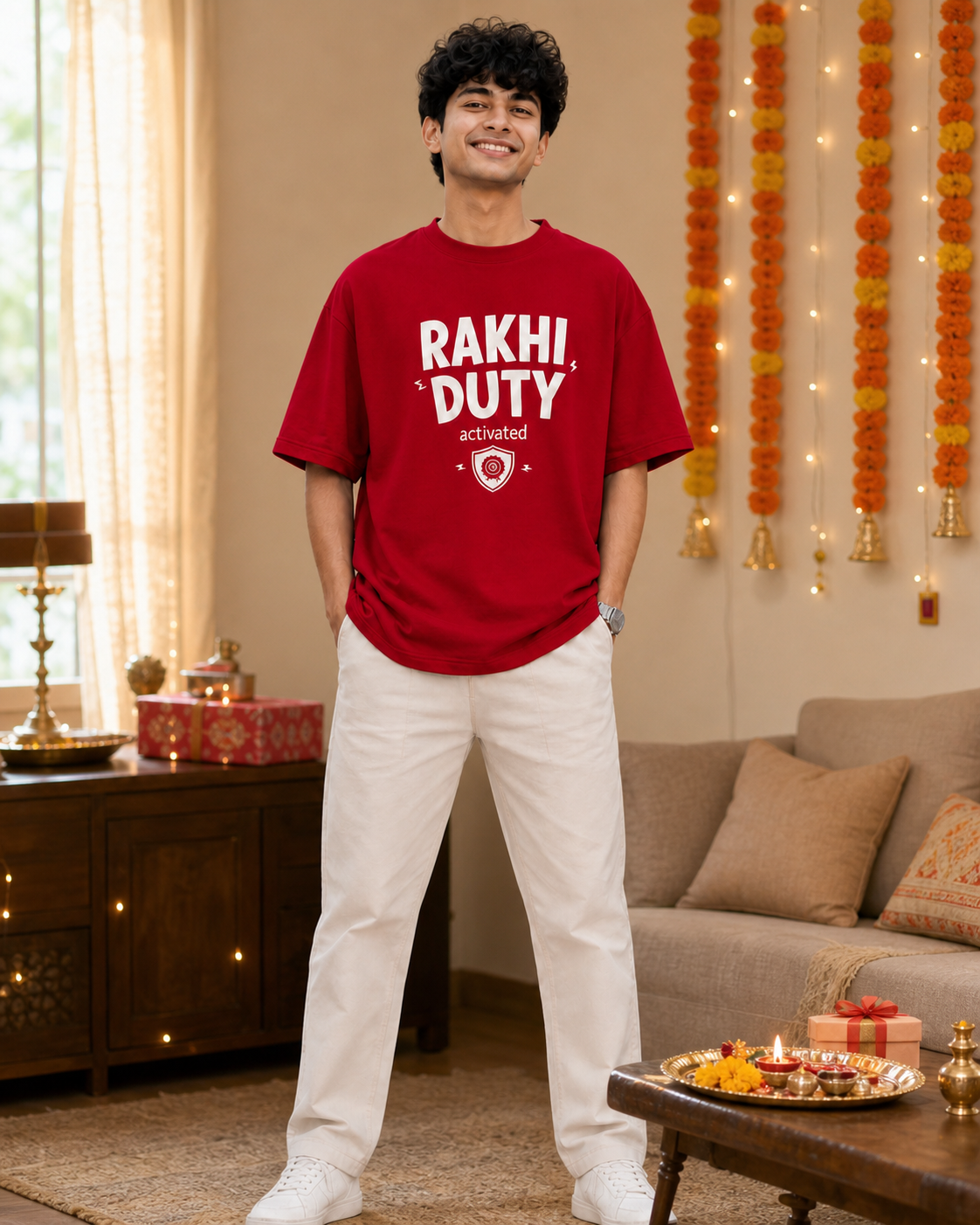 Rakhi Duty / Chaos Duty Personalised Unisex T-Shirt - Oversized - Royal Blue & Red & Blue - product gallery