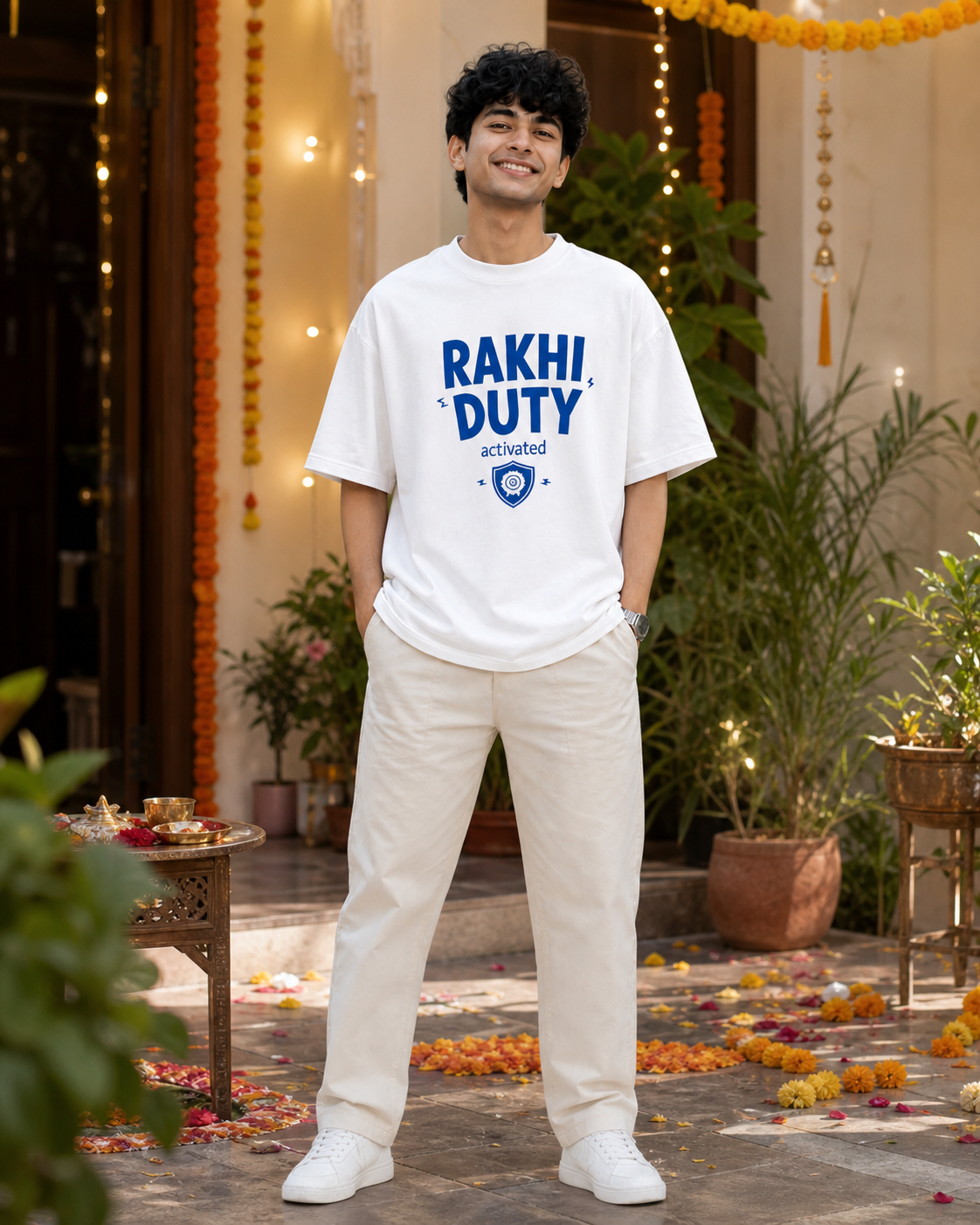 Rakhi Duty / Chaos Duty Personalised Unisex T-Shirt - Oversized - Royal Blue & White & Blue - product gallery