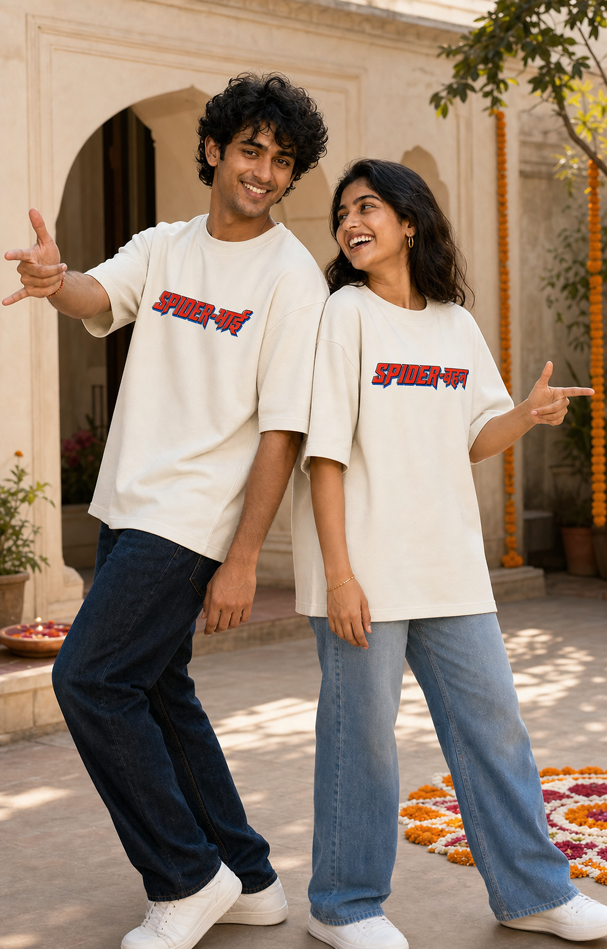 Spider Bhai (भाई) / Spider Behen (बहन) Personalised Unisex T-Shirt - Oversized - White - featured view