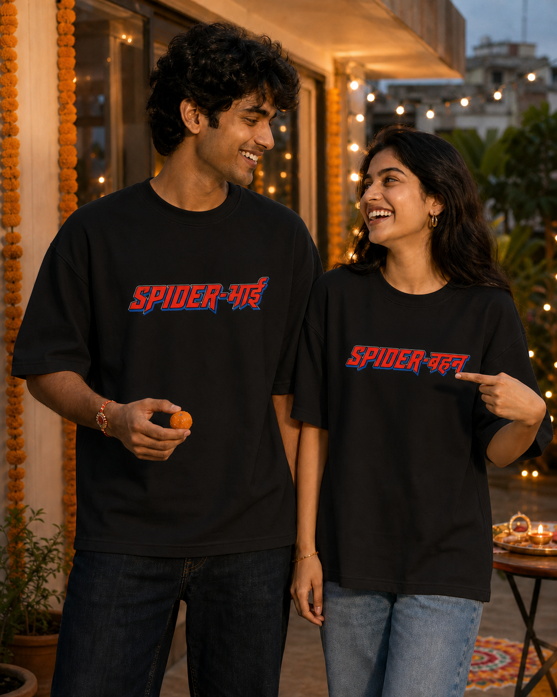 Spider Bhai (भाई) / Spider Behen (बहन) Personalised Unisex T-Shirt - Oversized - Black - product gallery