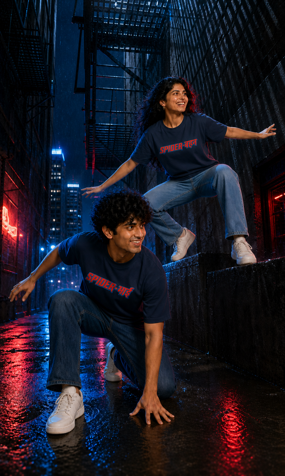 Spider Bhai (भाई) / Spider Behen (बहन) Personalised Unisex T-Shirt - Regular Fit - Navy Blue & Blue - product gallery